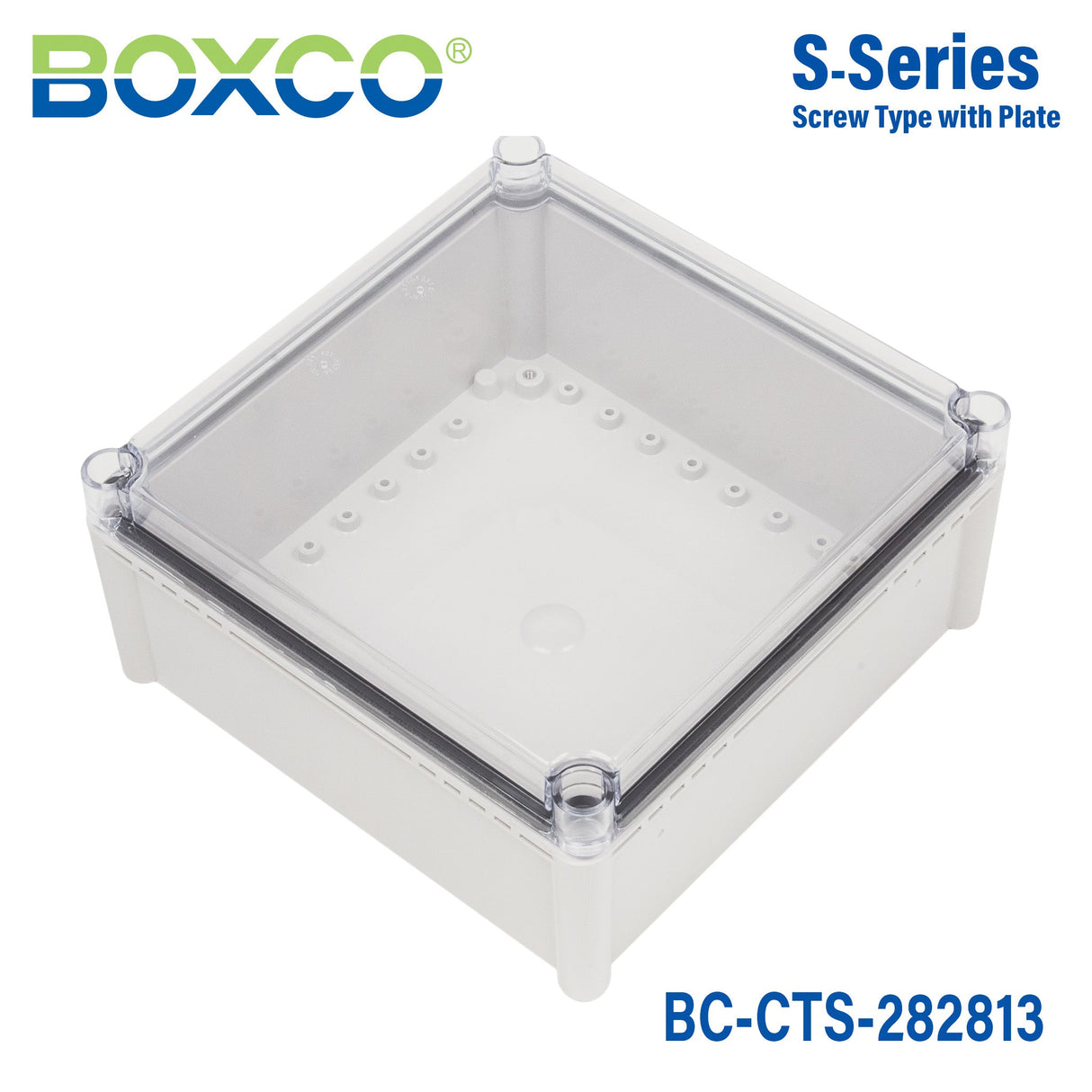 Boxco S - Series 11.02 x 11.02 x 5.12 Inches(280x280x130mm) Plastic Enclosure, IP67, IK08, PC, Transparent Cover, Screw Type - BC-CTS-282813 - powersupplymall.com