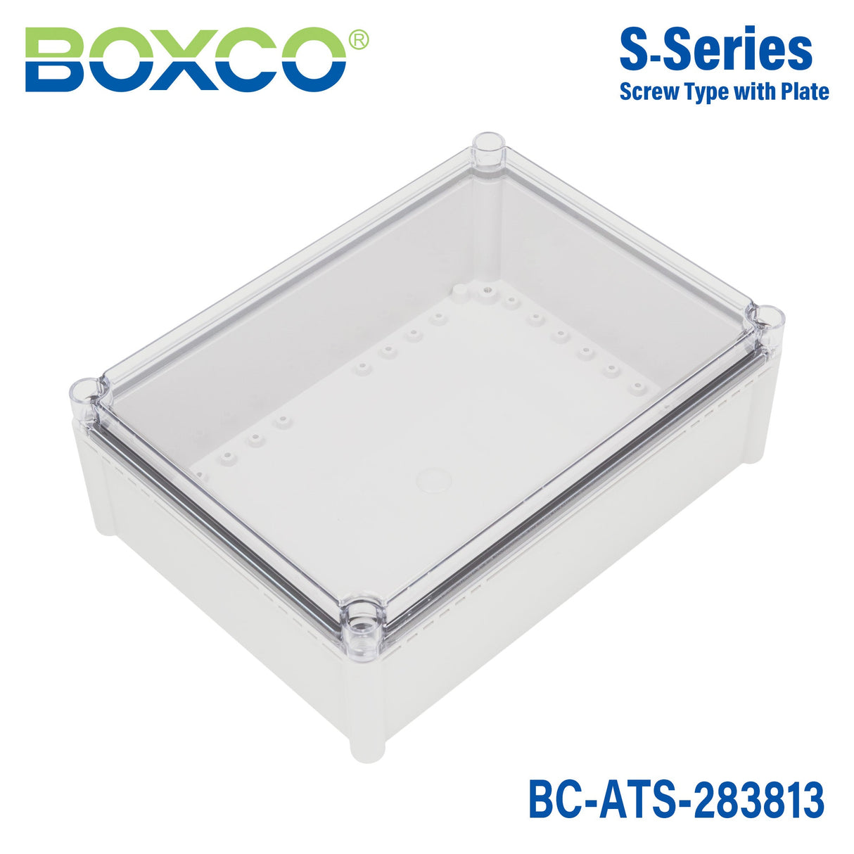 Boxco S - Series 11.02 x 14.96 x 5.12 Inches(280x380x130mm) Plastic Enclosure, IP67, IK08, ABS, Transparent Cover, Screw Type - BC-ATS-283813 - powersupplymall.com