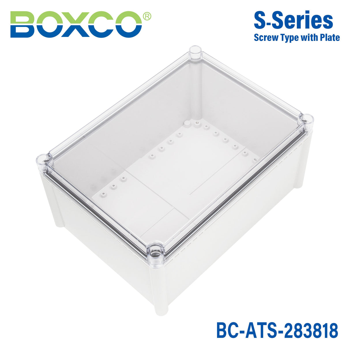 Boxco S - Series 11.02 x 14.96 x 7.09 Inches(280x380x180mm) Plastic Enclosure, IP67, IK08, ABS, Transparent Cover, Screw Type - BC-ATS-283818 - powersupplymall.com