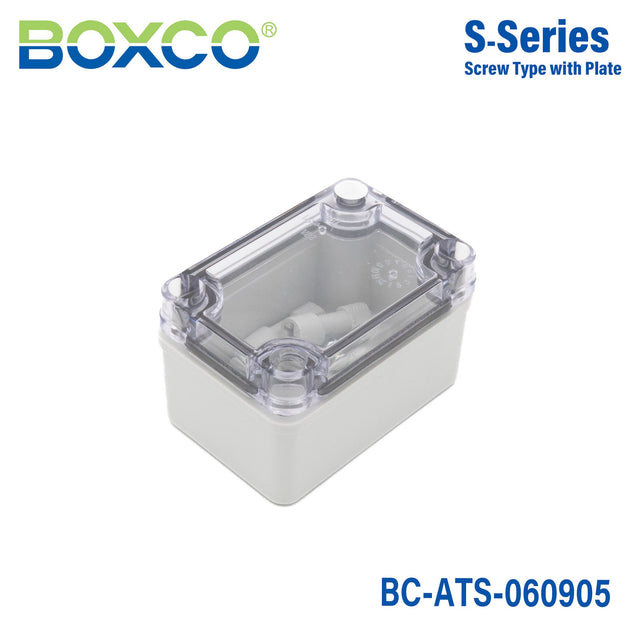 Boxco S - Series 2.56 x 3.74 x 2.17 Inches(65x95x55mm) Plastic Enclosure, IP67, IK08, ABS, Transparent Cover, Screw Type - BC-ATS-060905 - powersupplymall.com