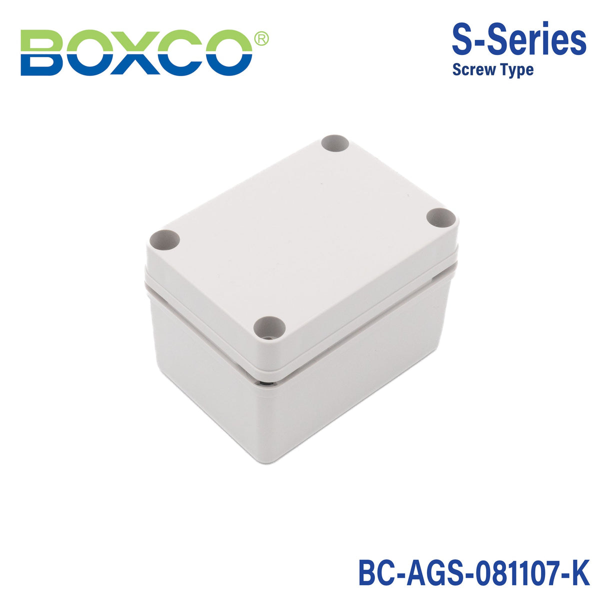Boxco S - Series 3.15 x 4.33 x 2.76 Inches(80 x 110 x 70mm) Plastic Enclosure, IP67, IK08, ABS, Grey Cover, Screw Type - BC-AGS-081107-K - powersupplymall.com