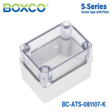 Boxco S - Series 3.15 x 4.33 x 2.76 Inches(80 x 110 x 70mm) Plastic Enclosure, IP67, IK08, ABS, Transparent Cover, Screw Type - BC - ATS - 081107 - K - powersupplymall.com