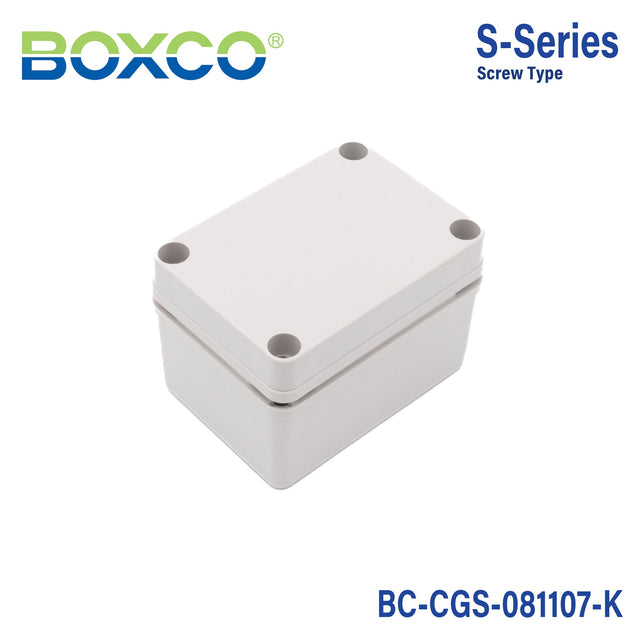 Boxco S - Series 3.15 x 4.33 x 2.76 Inches(80 x 110 x 70mm) Plastic Enclosure, IP67, IK08, PC, Grey Cover, Screw Type - BC-CGS-081107-K - powersupplymall.com