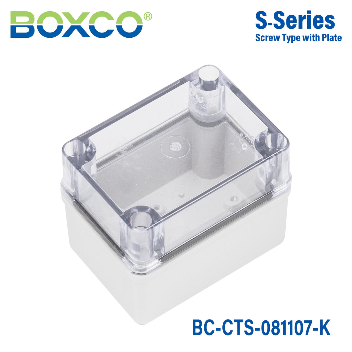 Boxco S - Series 3.15 x 4.33 x 2.76 Inches(80 x 110 x 70mm) Plastic Enclosure, IP67, IK08, PC, Transparent Cover, Screw Type - BC-CTS-081107-K - powersupplymall.com