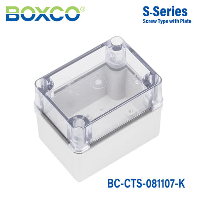 Boxco S-Series 3.15 x 4.33 x 2.76 Inches(80 x 110 x 70mm) Plastic Enclosure, IP67, IK08, PC, Transparent Cover, Screw Type