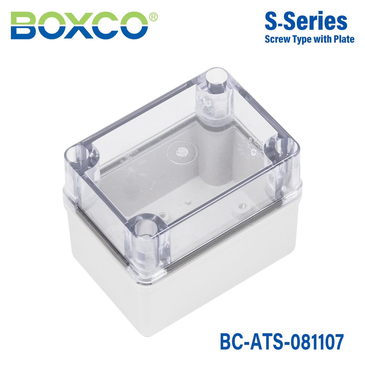 Boxco S - Series 3.15 x 4.33 x 2.76 Inches(80x110x70mm) Plastic Enclosure, IP67, IK08, ABS, Transparent Cover, Screw Type - BC-ATS-081107 - powersupplymall.com