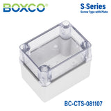 Boxco S - Series 3.15 x 4.33 x 2.76 Inches(80x110x70mm) Plastic Enclosure, IP67, IK08, PC, Transparent Cover, Screw Type - BC-CTS-081107 - powersupplymall.com