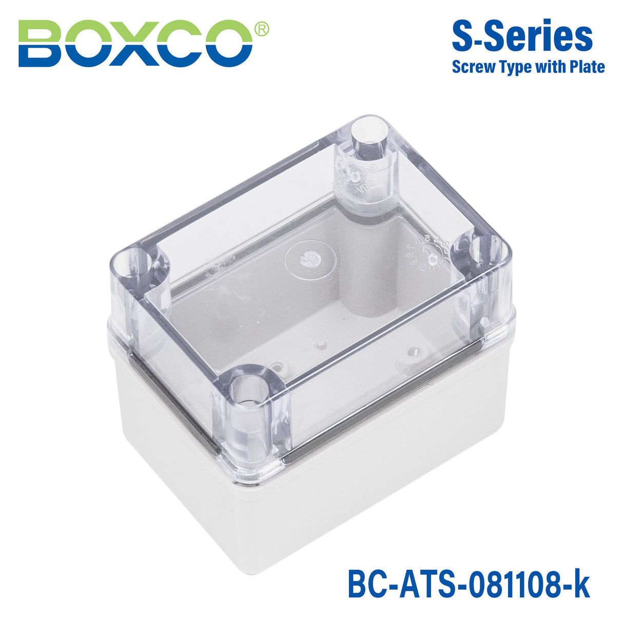 Boxco S - Series 3.15 x 4.33 x 3.35 Inches(80 x 110 x 85mm) Plastic Enclosure, IP67, IK08, ABS, Transparent Cover, Screw Type - BC-ATS-081108-K - powersupplymall.com