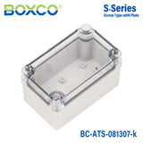 Boxco S - Series 3.15 x 5.12 x 2.76 Inches(80 x 130 x 70mm) Plastic Enclosure, IP67, IK08, ABS, Transparent Cover, Screw Type - BC-ATS-081307-K - powersupplymall.com