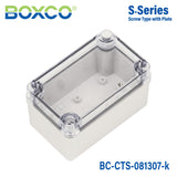 Boxco S - Series 3.15 x 5.12 x 2.76 Inches(80 x 130 x 70mm) Plastic Enclosure, IP67, IK08, PC, Transparent Cover, Screw Type - BC-CTS-081307-K - powersupplymall.com