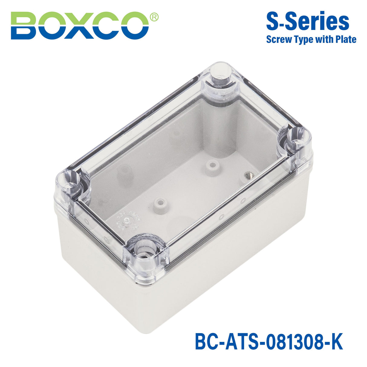 Boxco S - Series 3.15 x 5.12 x 3.35 Inches(80 x 130 x 85mm) Plastic Enclosure, IP67, IK08, ABS, Transparent Cover, Screw Type - BC - ATS - 081308 - K - powersupplymall.com