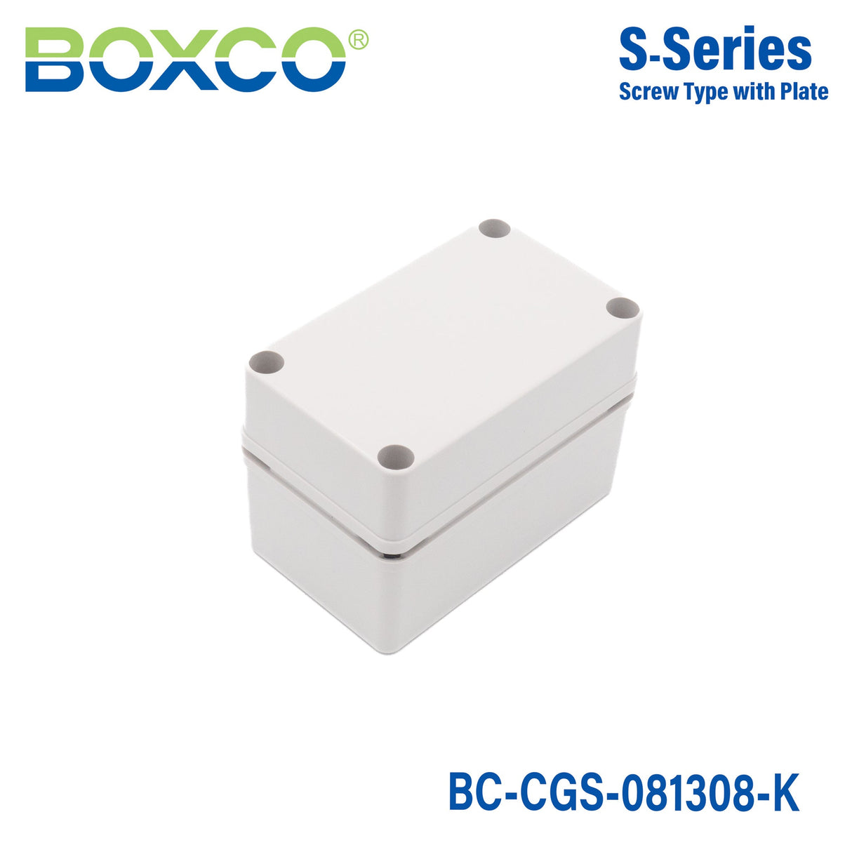 Boxco S - Series 3.15 x 5.12 x 3.35 Inches(80 x 130 x 85mm) Plastic Enclosure, IP67, IK08, PC, Grey Cover, Screw Type - BC-CGS-081308-K - powersupplymall.com