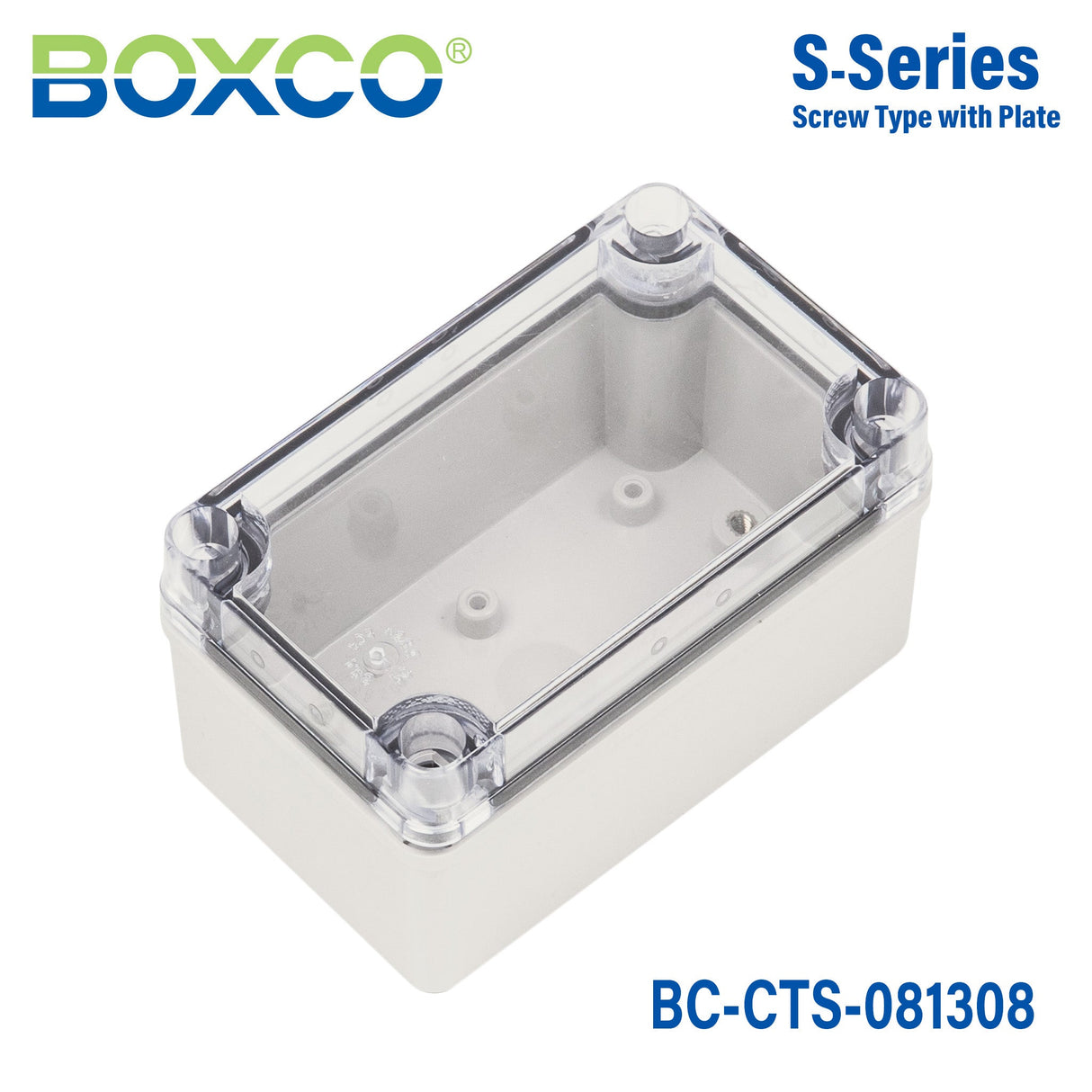 Boxco S - Series 3.15 x 5.12 x 3.35 Inches(80x130x85mm) Plastic Enclosure, IP67, IK08, PC, Transparent Cover, Screw Type - BC-CTS-081308 - powersupplymall.com