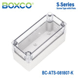 Boxco S - Series 3.15 x 7.09 x 2.76 Inches(80 x 180 x 70mm) Plastic Enclosure, IP67, IK08, ABS, Transparent Cover, Screw Type - BC-ATS-081807-K - powersupplymall.com