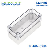 Boxco S - Series 3.15 x 7.09 x 3.35 Inches(80x180x85mm) Plastic Enclosure, IP67, IK08, PC, Transparent Cover, Screw Type - BC-CTS-081808 - powersupplymall.com