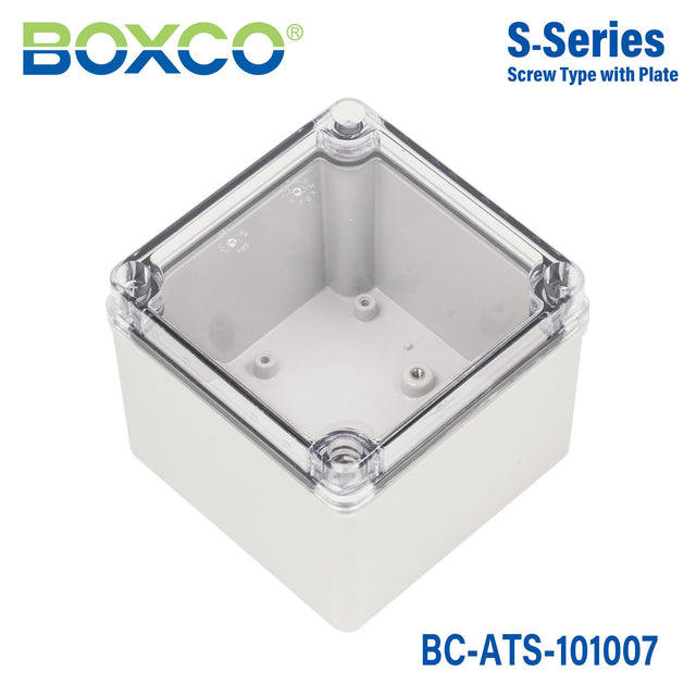 Boxco S - Series 3.94 x 3.94 x 2.95 Inches(100x100x75mm) Plastic Enclosure, IP67, IK08, ABS, Transparent Cover, Screw Type - BC-ATS-101007 - powersupplymall.com