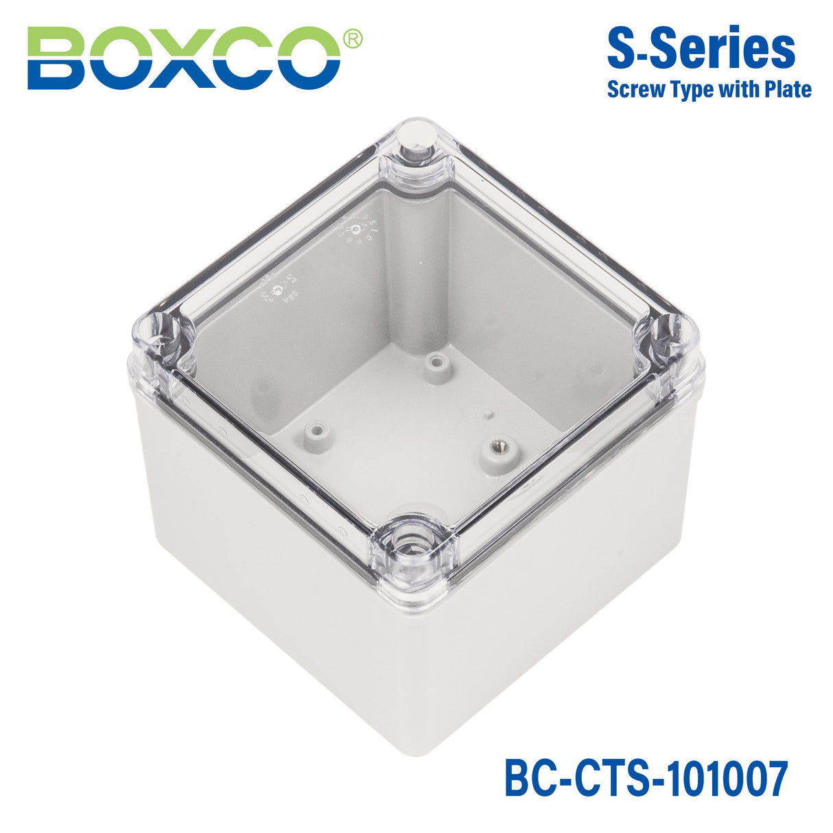 Boxco S - Series 3.94 x 3.94 x 2.95 Inches(100x100x75mm) Plastic Enclosure, IP67, IK08, PC, Transparent Cover, Screw Type - BC-CTS-101007 - powersupplymall.com