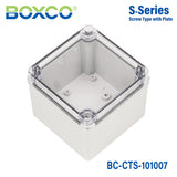 Boxco S - Series 3.94 x 3.94 x 2.95 Inches(100x100x75mm) Plastic Enclosure, IP67, IK08, PC, Transparent Cover, Screw Type - BC-CTS-101007 - powersupplymall.com
