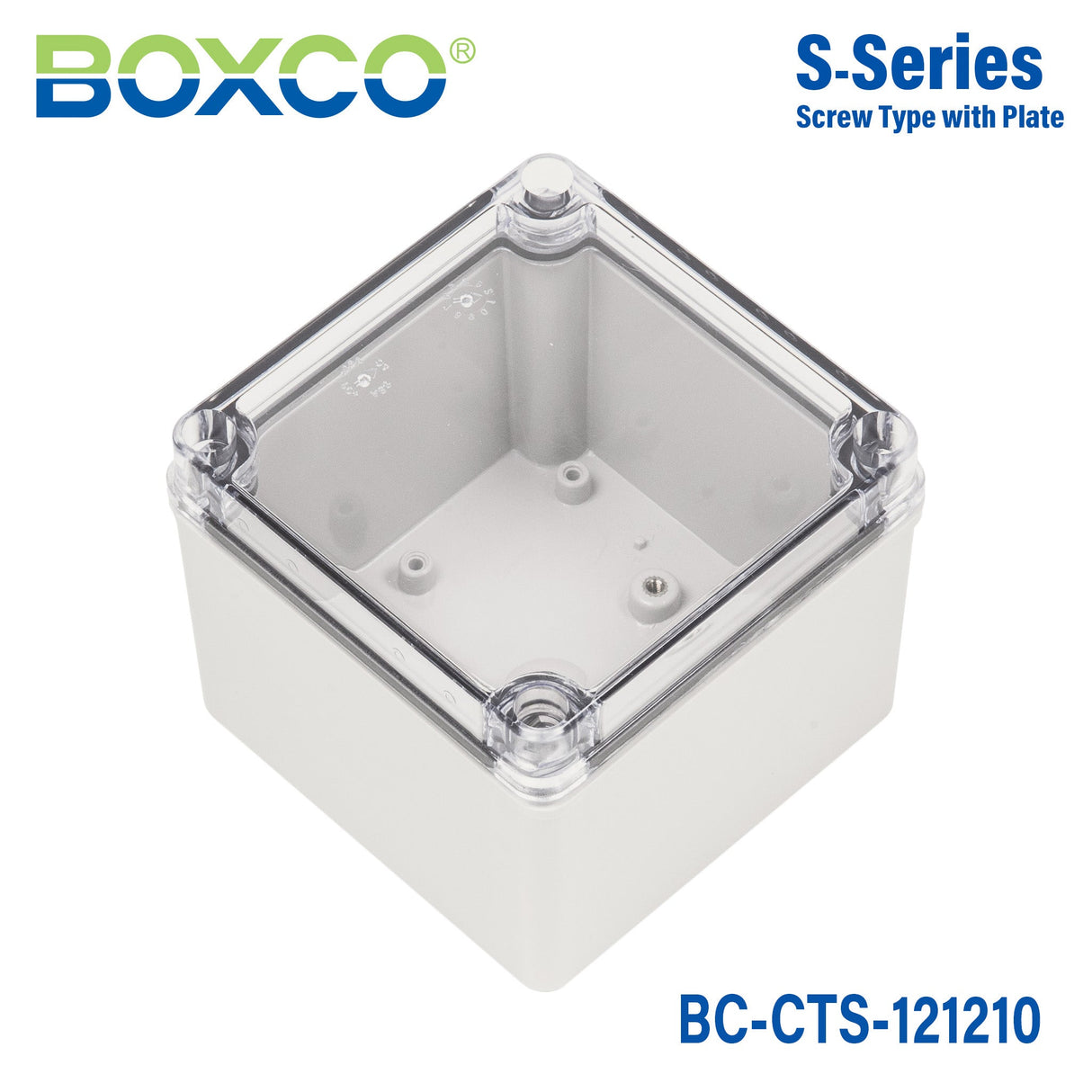 Boxco S - Series 4.92 x 4.92 x 3.94 Inches(125x125x100mm) Plastic Enclosure, IP67, IK08, PC, Transparent Cover, Screw Type - BC-CTS-121210 - powersupplymall.com