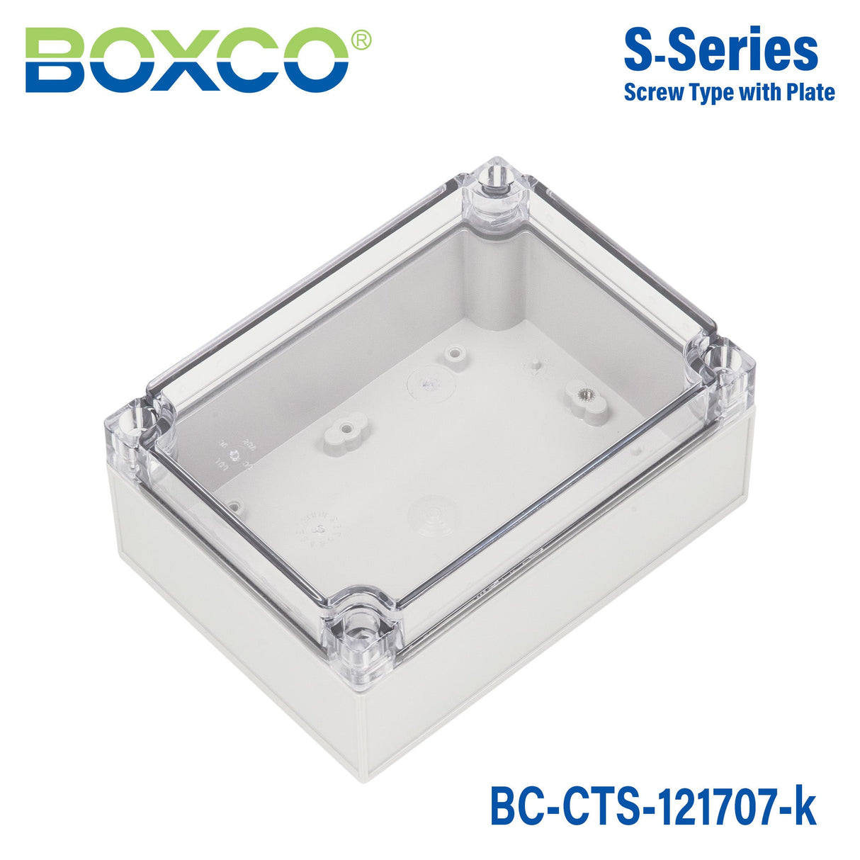 Boxco S - Series 4.92 x 6.89 x 2.95 Inches(125 x 175 x 75mm) Plastic Enclosure, IP67, IK08, PC, Transparent Cover, Screw Type - BC-CTS-121707-K - powersupplymall.com
