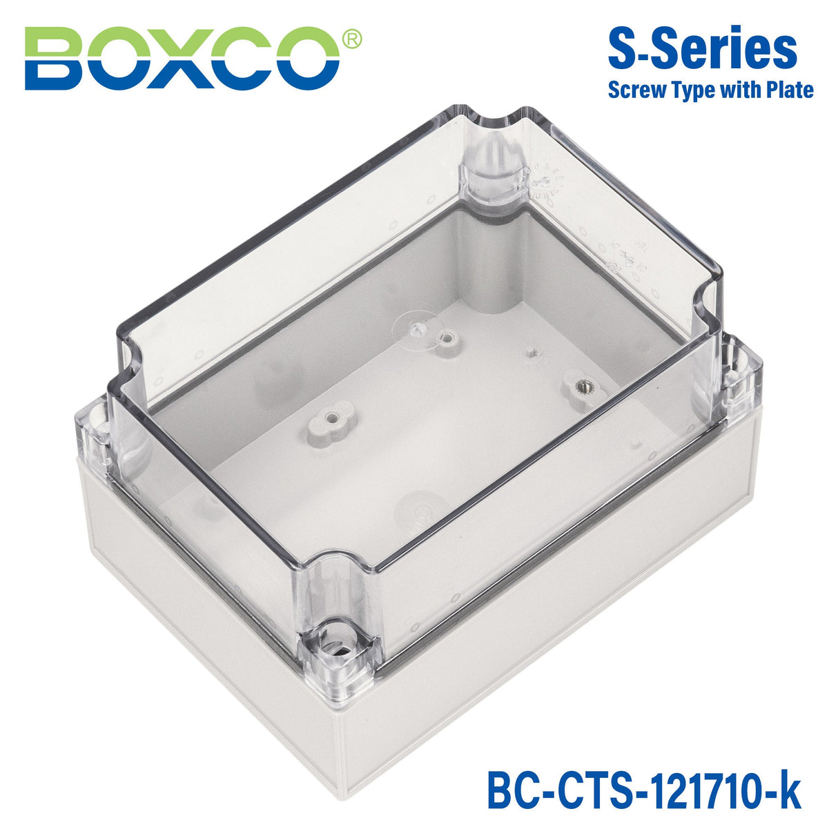 Boxco S - Series 4.92 x 6.89 x 3.94 Inches(125 x 175 x 100mm) Plastic Enclosure, IP67, IK08, PC, Transparent Cover, Screw Type - BC-CTS-121710-K - powersupplymall.com