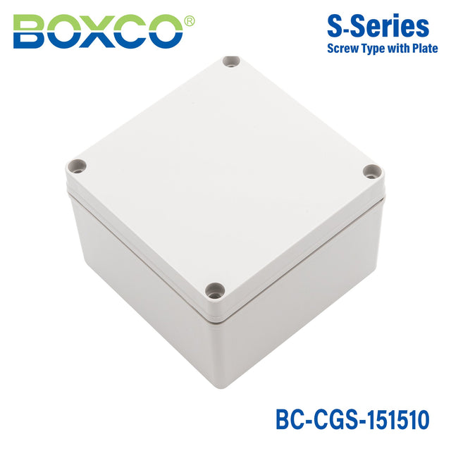 Boxco S - Series 5.91 x 5.91 x 3.94 Inches(150x150x100mm) Plastic Enclosure, IP67, IK08, PC, Grey Cover, Screw Type - BC-CGS-151510 - powersupplymall.com