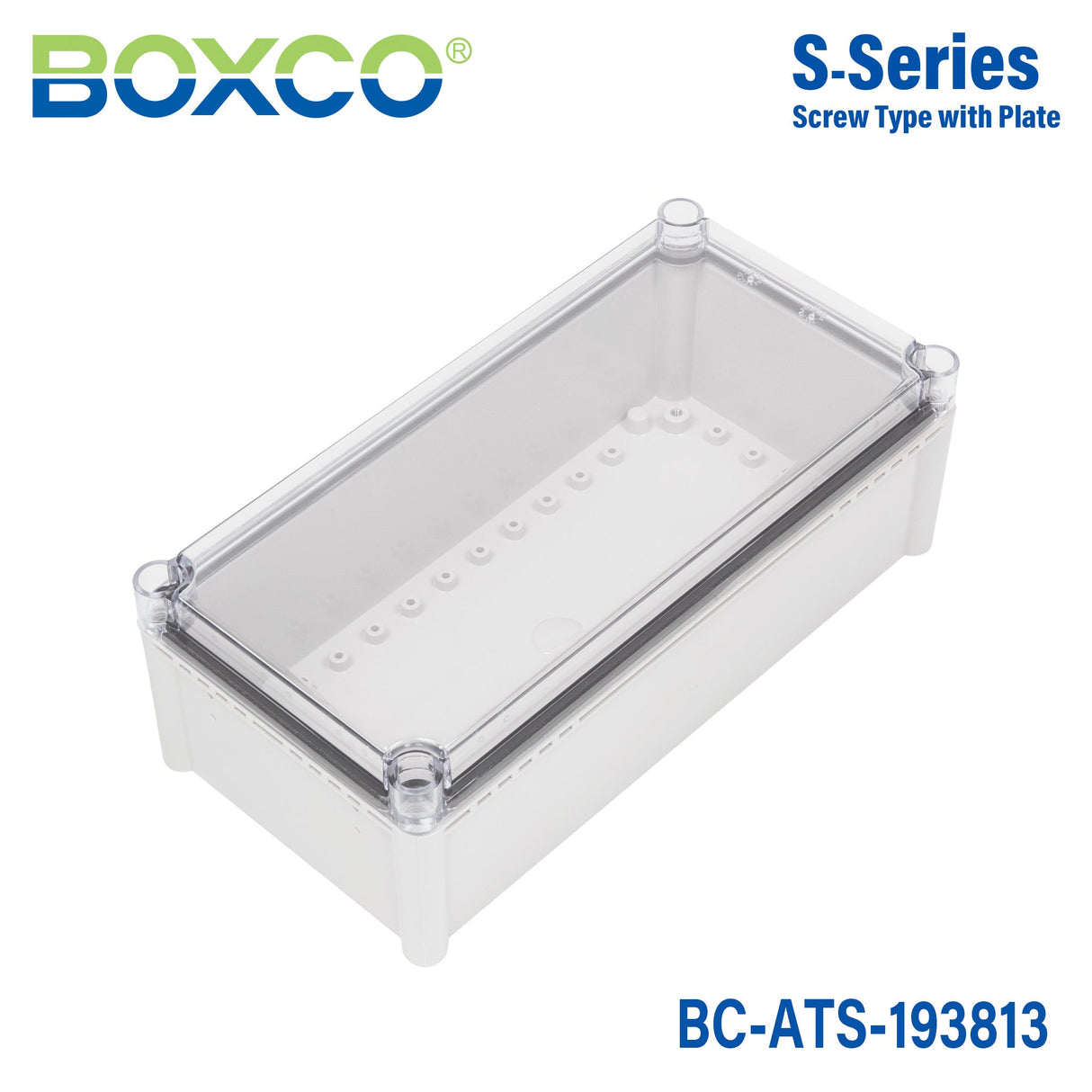Boxco S - Series 7.48 x 14.96 x 5.12 Inches(190x380x130mm) Plastic Enclosure, IP67, IK08, ABS, Transparent Cover, Screw Type - BC - ATS - 193813 - powersupplymall.com