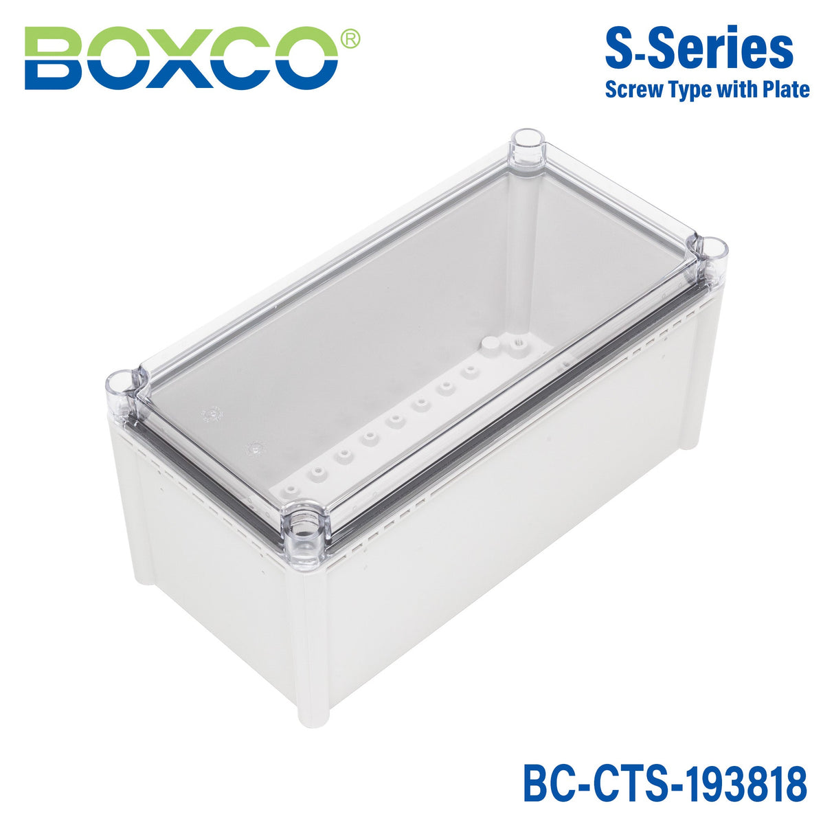 Boxco S - Series 7.48 x 14.96 x 7.09 Inches(190x380x180mm) Plastic Enclosure, IP67, IK08, PC, Transparent Cover, Screw Type - BC-CTS-193818 - powersupplymall.com