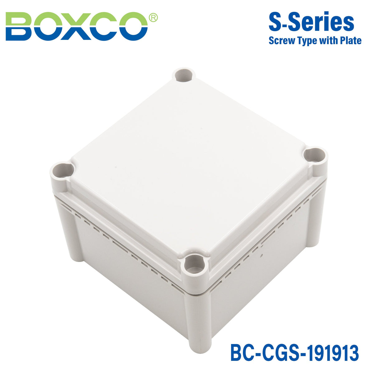 Boxco S - Series 7.48 x 7.48 x 5.12 Inches(190x190x130mm) Plastic Enclosure, IP67, IK08, PC, Grey Cover, Screw Type - BC-CGS-191913 - powersupplymall.com