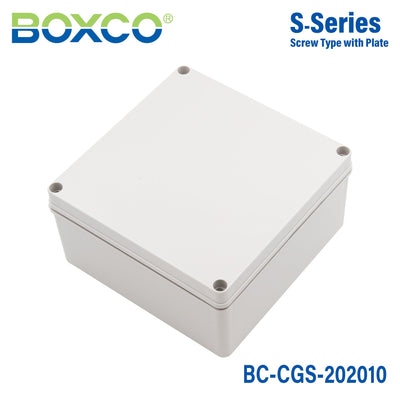 Boxco S-Series 7.87 x 7.87 x 3.94 Inches(200x200x100mm) Plastic Enclosure, IP67, IK08, PC, Grey Cover, Screw Type