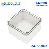 Boxco S - Series 7.87 x 7.87 x 5.12 Inches(200x200x130mm) Plastic Enclosure, IP67, IK08, ABS, Transparent Cover, Screw Type - BC-ATS-202013 - powersupplymall.com