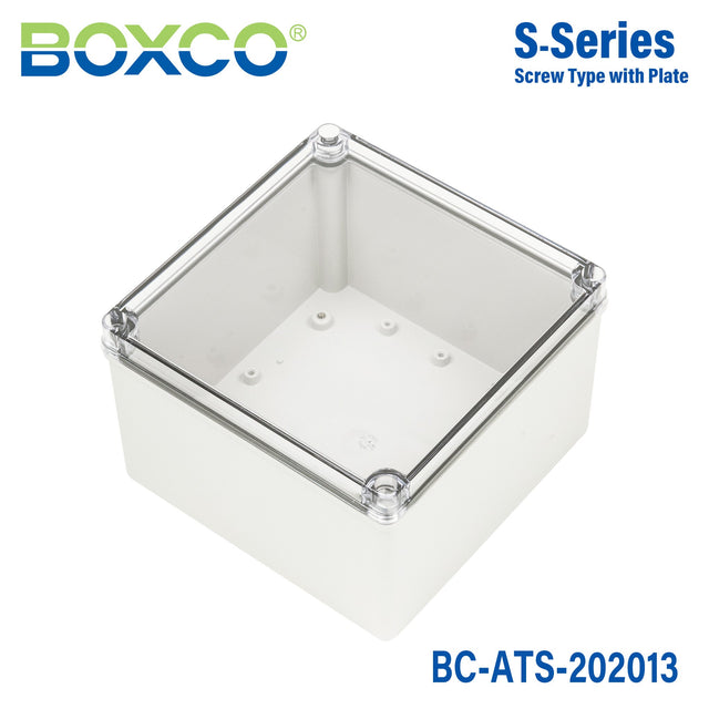 Boxco S - Series 7.87 x 7.87 x 5.12 Inches(200x200x130mm) Plastic Enclosure, IP67, IK08, ABS, Transparent Cover, Screw Type - BC-ATS-202013 - powersupplymall.com