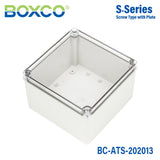 Boxco S - Series 7.87 x 7.87 x 5.12 Inches(200x200x130mm) Plastic Enclosure, IP67, IK08, ABS, Transparent Cover, Screw Type - BC - ATS - 202013 - powersupplymall.com