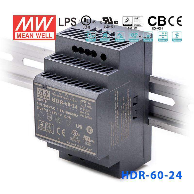Mean Well HDR-60-24 Ultra Slim Step Shape Power Supply 60W 24V 2.5A - DIN Rail