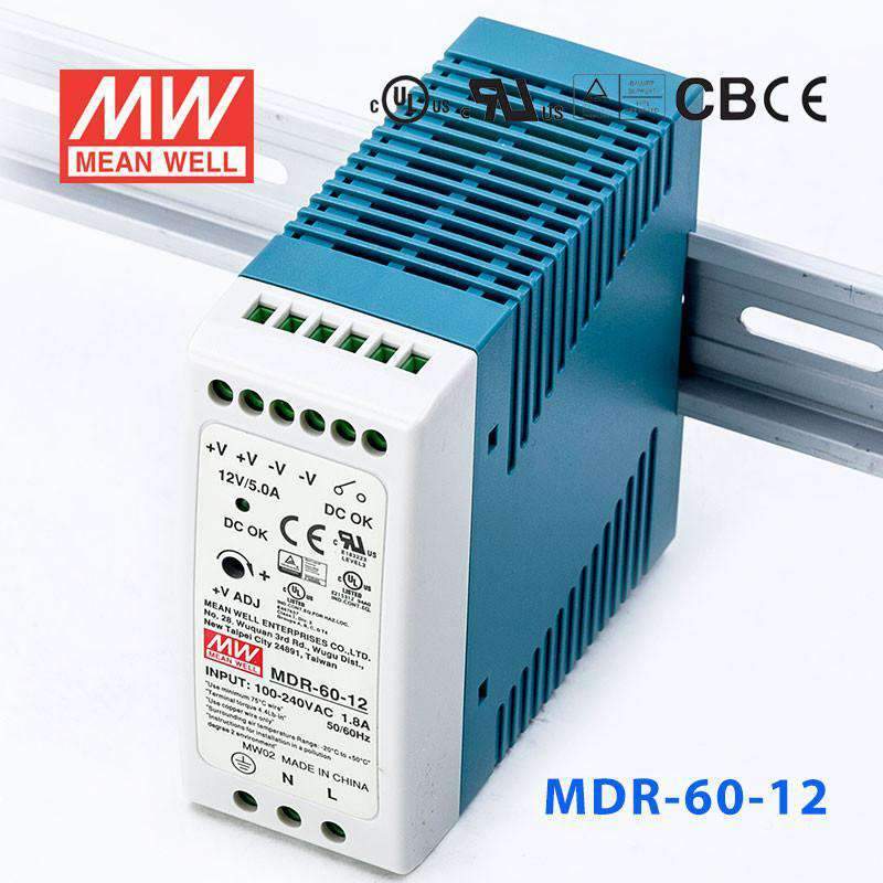 Mean Well MDR-60-12 Single Output Industrial Power Supply 60W 12V 5A - DIN Rail