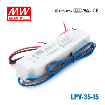 Mean Well LPV-35-15 LED Driver — 36W 15V 2.4A IP67 Waterproof