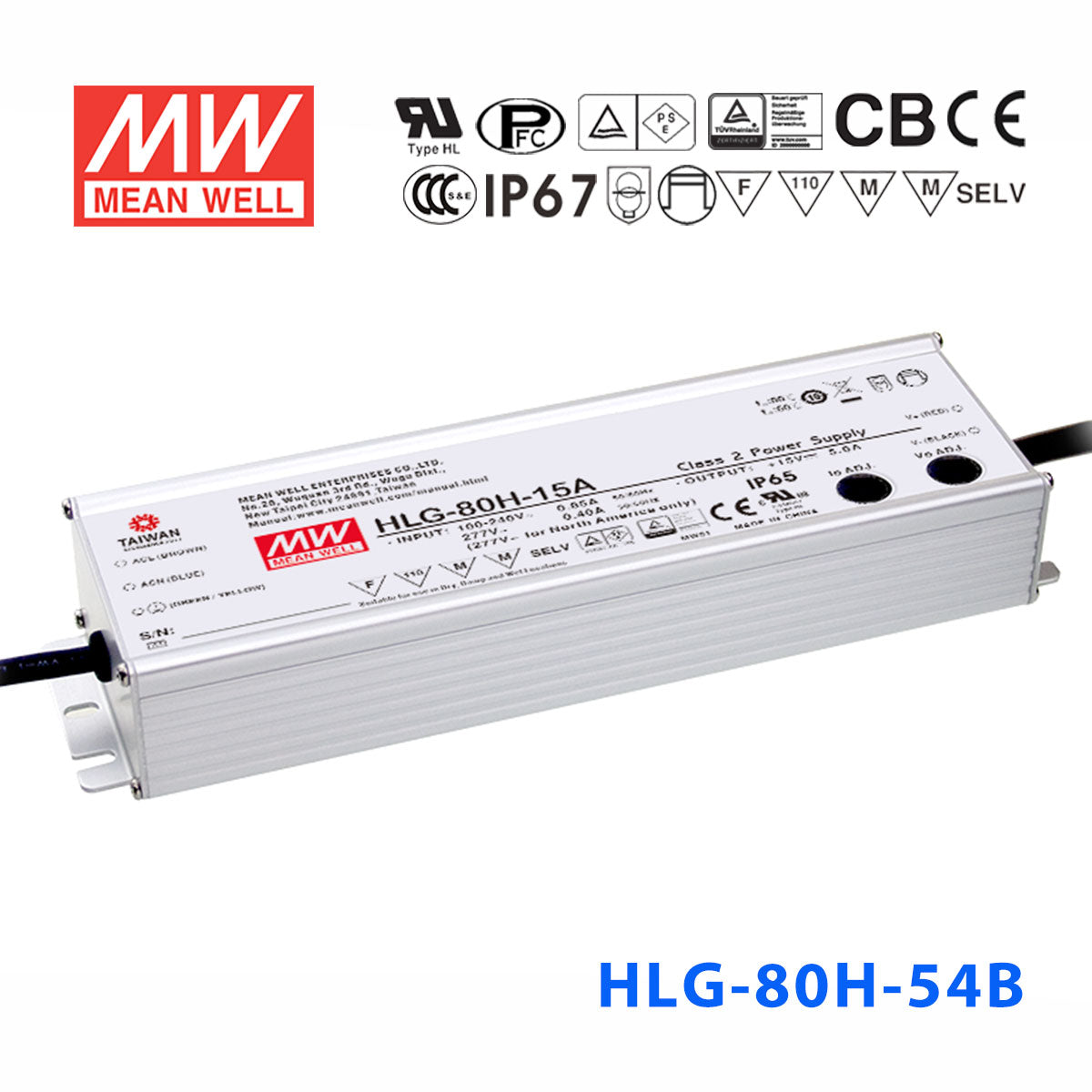 Mean Well HLG-80H-54AB Power Supply 80W 54V - Adjustable and Dimmable 1.5A