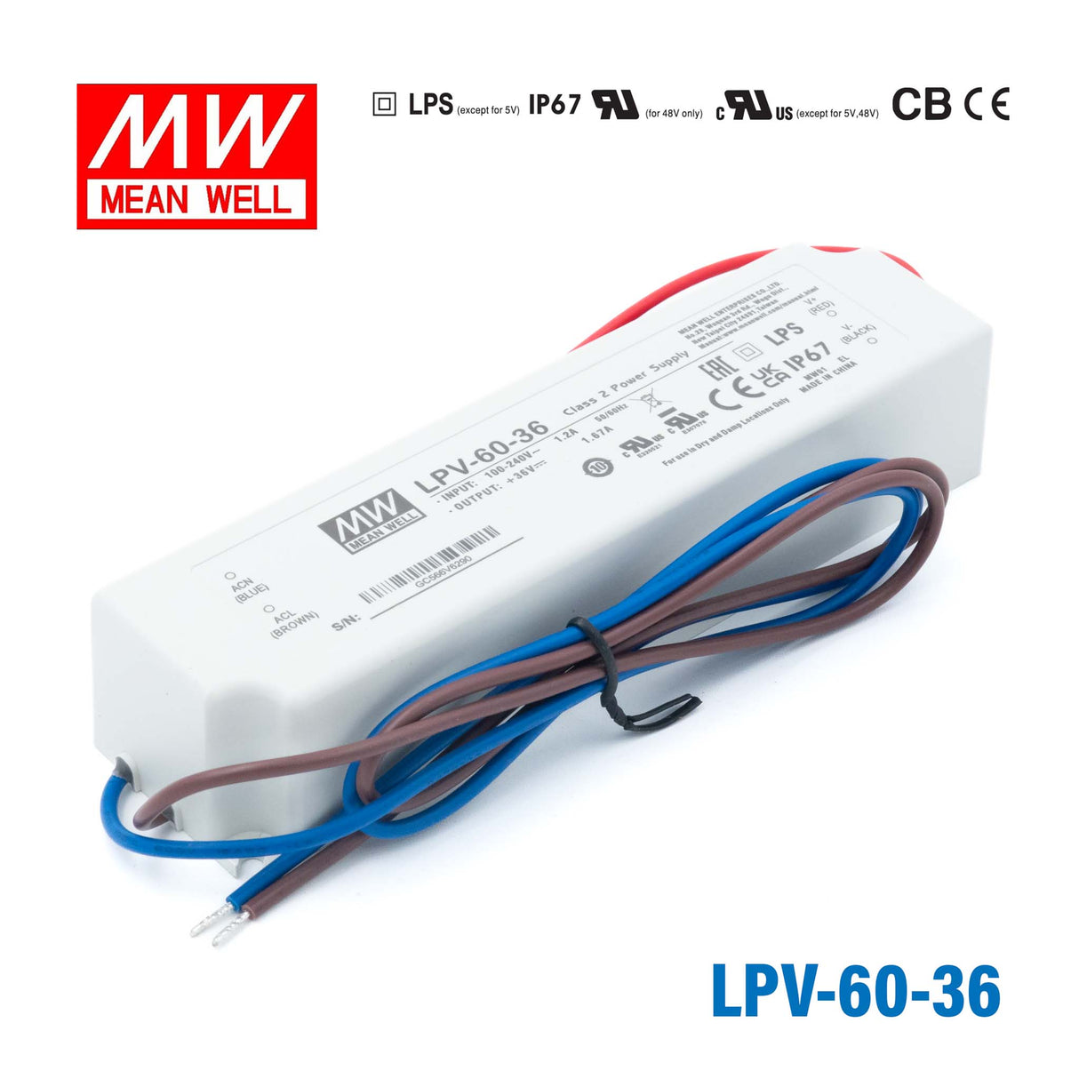 Mean Well LPV-60-36 LED Driver — 60W 36V 1.67A IP67 Waterproof