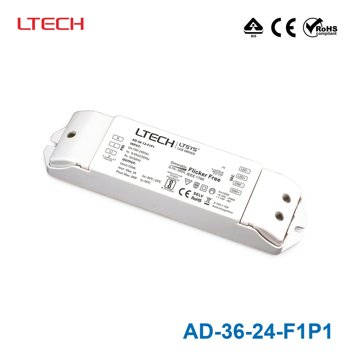 LTECH AD-36-24-F1P1 36W 24Vdc CV LED Driver - 0/1-10Vdimmable