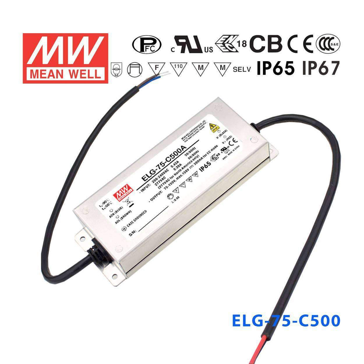 Mean Well ELG-75-C500D2 AC-DC Single output LED Driver Constant Current Mode with PFC