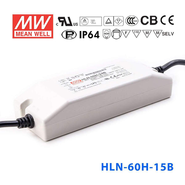 Mean Well HLN-60H-15B Power Supply 60W 15V - IP64, Dimmable