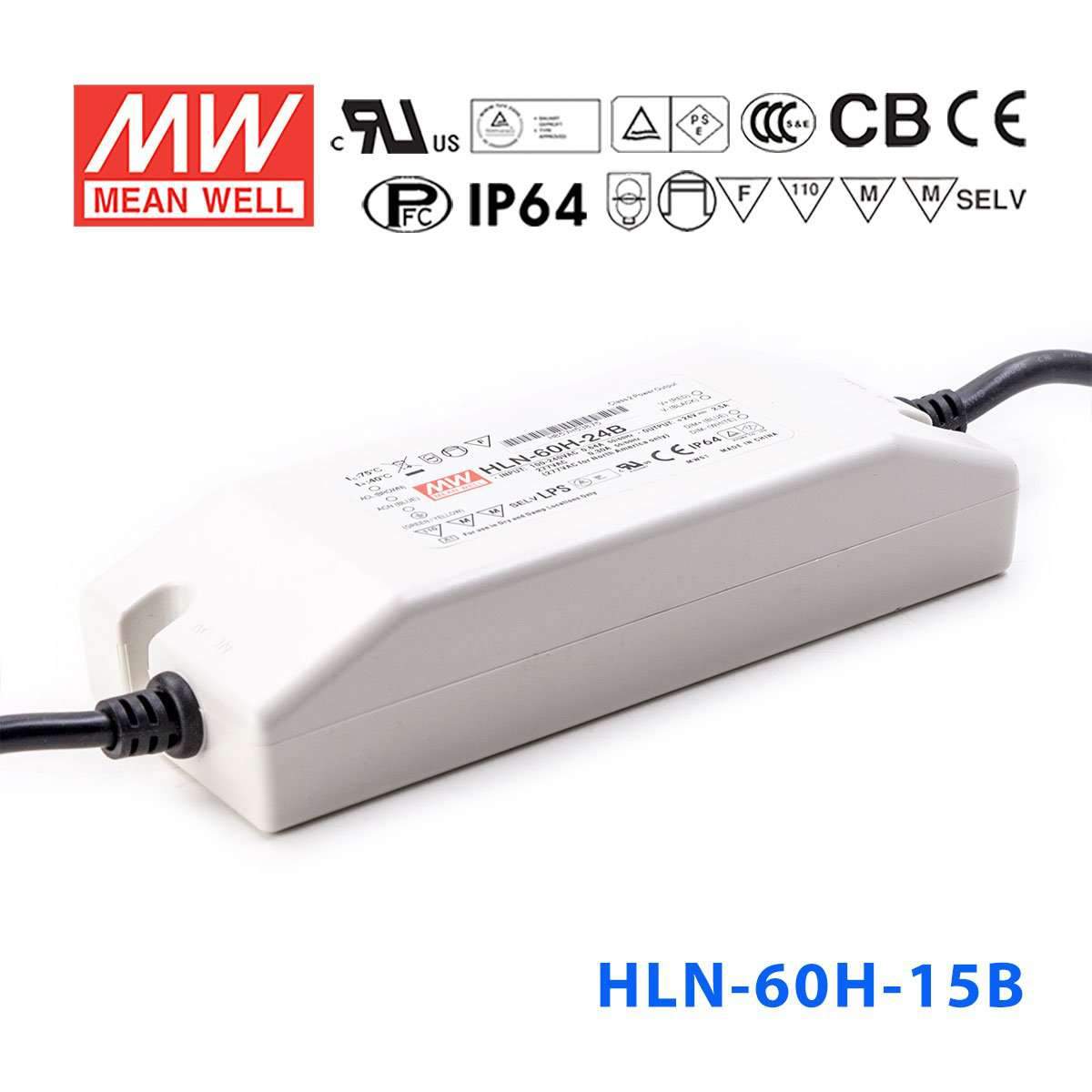 Mean Well HLN-60H-15B Power Supply 60W 15V - IP64, Dimmable 4A