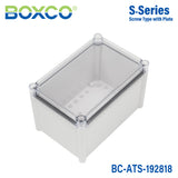Boxco S-Series 7.48 x 11.02 x 7.09 Inches(190x280x180mm) Plastic Enclosure, IP67, IK08, ABS, Transparent Cover, Screw Type