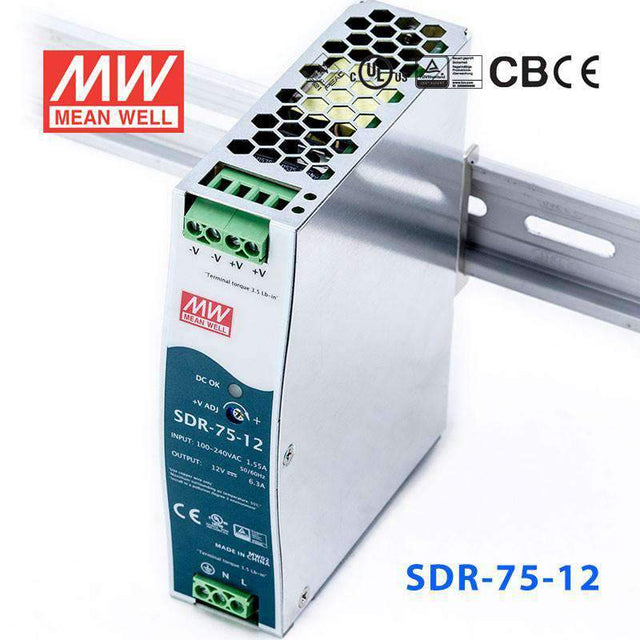 Mean Well SDR-75-12 Single Output Industrial Power Supply 75W 12V - DIN Rail