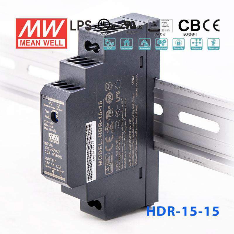Mean Well HDR-15-15 Ultra Slim Step Shape Power Supply 15W 15V - DIN Rail