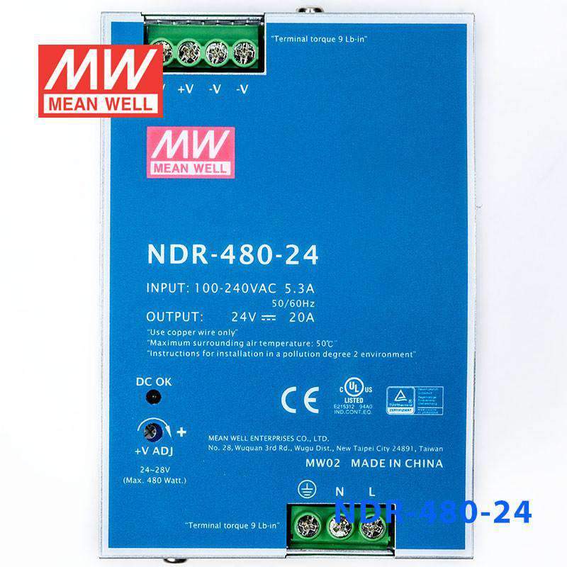 Mean Well NDR-480-24 Single Output Industrial Power Supply 480W 24V 20A - DIN Rail - PHOTO 2
