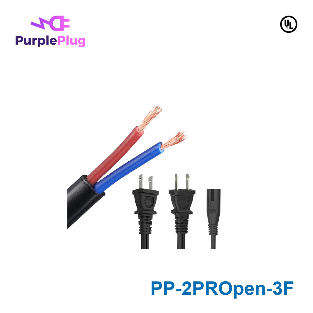 Purple Plug 2 Prong NEMA 1-15P Open End Power Cord - 3FT, Copper, 18AWG, 125V 10A, NISPT Wire