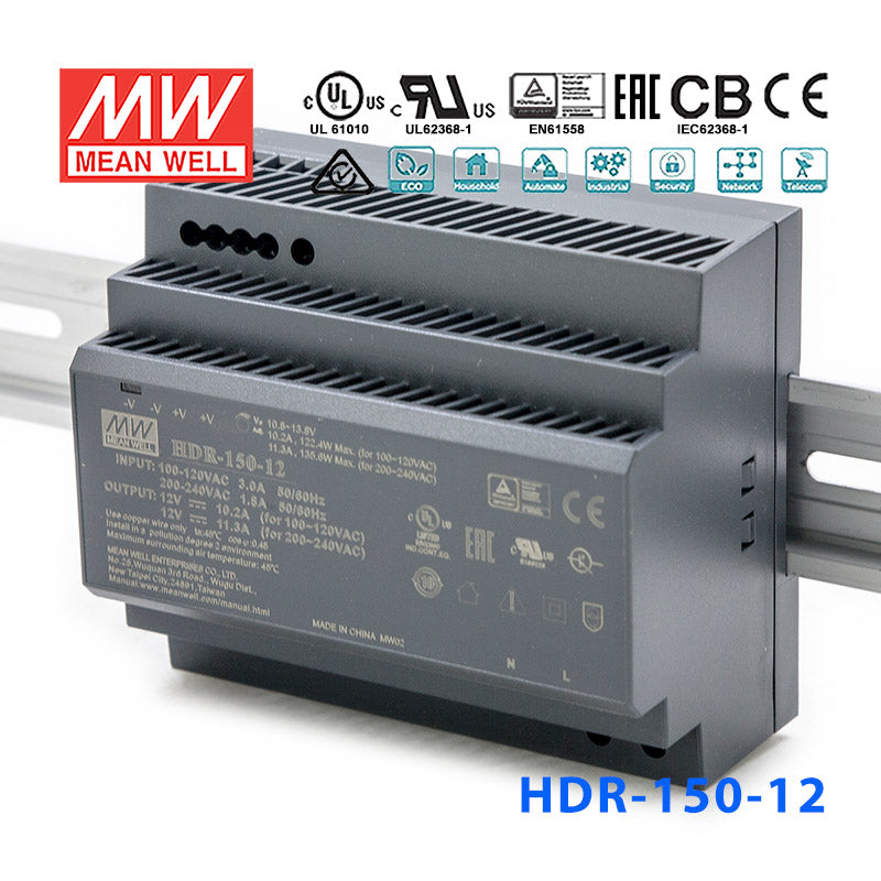 Mean Well HDR-150-12 Ultra Slim Step Shape Power Supply 150W 12V 10.2A - DIN Rail