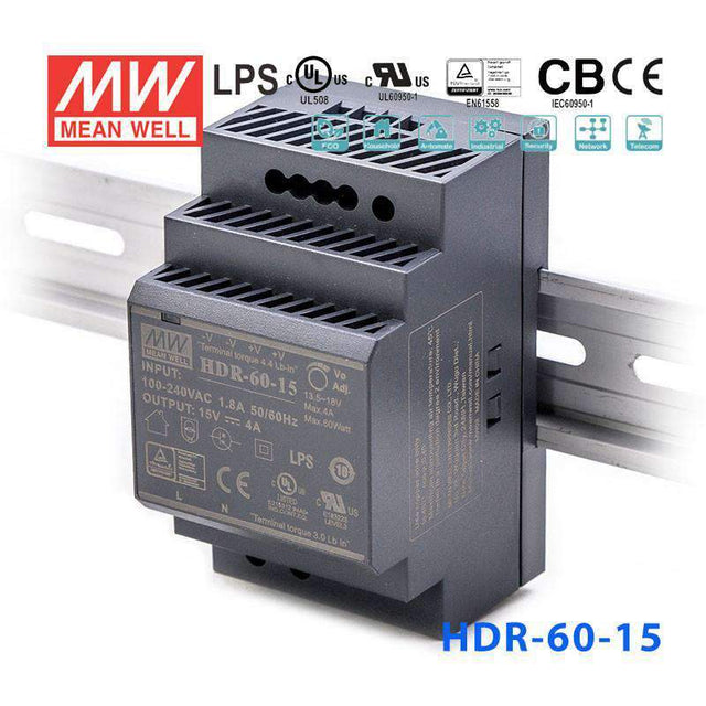 Mean Well HDR-60-15 Ultra Slim Step Shape Power Supply 60W 15V - DIN Rail