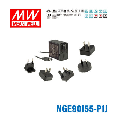 Mean Well NGE90I55-P1J AC-DC Wall-mounted Green Adaptor - Interchangeable Plug - 90.2W 55V 1.64A